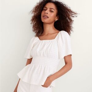 Madewell Crinkle Knit Square Neck Top White Peplum Cotton Top Medium Gauze